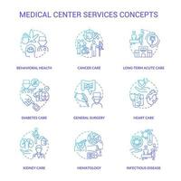 ensemble d'icônes de concept de gradient bleu de services de centre médical. idée de soins aux patients professionnels illustrations en couleur de ligne mince. symboles isolés. trait modifiable.