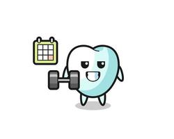 Caricature de mascotte de dent faisant du fitness avec haltère vecteur