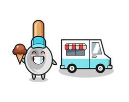 caricature de mascotte de cuillère de cuisine avec camion de crème glacée vecteur