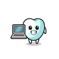 mascotte illustration de dent avec un ordinateur portable vecteur