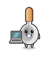 illustration de mascotte de cuillère de cuisine avec un ordinateur portable vecteur