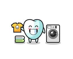 caricature de mascotte de dent avec machine à laver vecteur