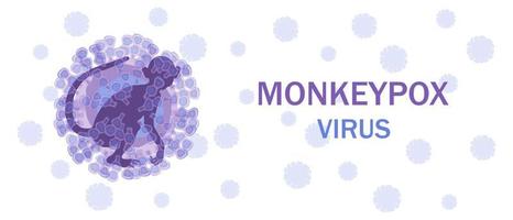 cellules du virus monkeypox avec une silhouette d'un singe à l'intérieur sur un fond microbiologique avec du texte. virus de la variole du singe. concept de maladie virale. vecteur. vecteur