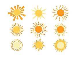 jeu de symboles vectoriels d'icônes de soleil jaune. collection de soleil dessiné à la main