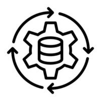 serveur avec rouage et flèches, icône linéaire de la mise à jour de la base de données vecteur