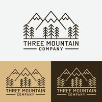 modèle de conception de logo de trois montagnes et pins vecteur