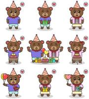 illustration vectorielle d'ours mignon à la fête d'anniversaire. ensemble de mignons petits personnages d'ours. collection d'ours drôle isolé sur fond blanc. vecteur