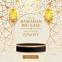 bannière super vente ramadan kareem avec un podium vierge, site de médias sociaux avec lanterne et nuages 3d vecteur
