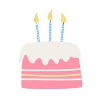 gâteau d'anniversaire avec bougies allumées isolé sur fond blanc. illustration plate dessinée à la main. idéal pour les cartes de vœux. vecteur