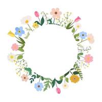 cadre rond floral de vecteur avec des fleurs colorées de printemps pour les invitations de mariage, cartes de voeux, salutations de la fête des mères. cadre de fleurs lumineuses