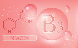 vitamine b3, niacine, gouttes d'eau, capsule sur fond rose. complexe de vitamines avec formule chimique. affiche médicale d'information. illustration vectorielle