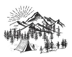 camping dans la nature, paysage de montagne, style de croquis, illustrations vectorielles. vecteur