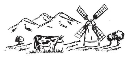 paysage de montagne. vache en noir. Moulin à vent. style de croquis, illustration vectorielle. vecteur