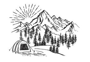 camping dans la nature, paysage de montagne, style de croquis, illustrations vectorielles. vecteur