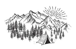 camping dans la nature, paysage de montagne, style de croquis, illustrations vectorielles. vecteur
