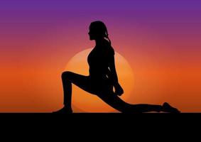 dessin graphique silhouette femmes exerçant des poses de yoga d'entraînement avec fond de lever de soleil vecteur