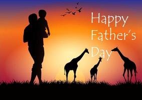silhouette graphique père tenant le jeune sur les mains et regarde la girafe en plein air du coucher du soleil avec de l'herbe sur le sol pour illustration vectorielle de carte de voeux vecteur
