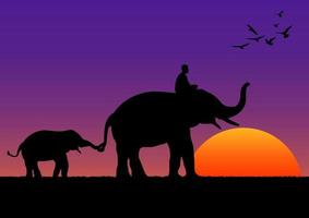 silhouette image éléphant noir avec éléphant mahout marchant avec fond de montagne et coucher de soleil illustration vectorielle de lumière du soir vecteur