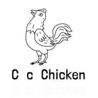 lettre de l'alphabet c pour la page de coloriage de poulet, illustration animale à colorier vecteur