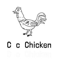 lettre de l'alphabet c pour la page de coloriage de poulet, illustration animale à colorier vecteur