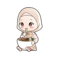 jolie fille musulmane manger des nouilles ramen halal nourriture illustration d'art de dessin animé dessiné à la main. style de vecteur de logo de mascotte