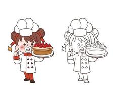 jolie jeune fille de chef souriant et tenant un gâteau à la tarte aux fraises. illustration d'art vectoriel de dessin animé