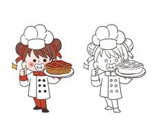 jolie jeune fille de chef souriant et tenant une tarte aux fraises. illustration d'art vectoriel de dessin animé
