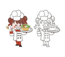 jolie jeune fille de chef souriant et tenant une salade de légumes. illustration d'art vectoriel de dessin animé