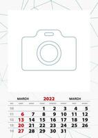 modèle de planificateur de calendrier mural pour mars 2022, la semaine commence le dimanche. vecteur