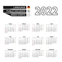 Calendrier 2022 en langue allemande, la semaine commence à partir du dimanche. vecteur