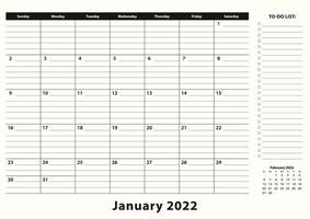 calendrier mensuel de janvier 2022. vecteur