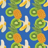 conception de modèle sans couture banane ananas et kiwi sur fond bleu vecteur