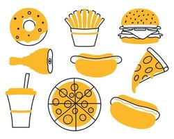 ensemble de restauration rapide. collecte de nourriture de rue. pizza, burger, hot-dog, frites, beignet, drink.vector set. clipart restauration rapide style repas.doodle. vecteur