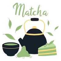 affiche avec du thé matcha. théière avec tasse et thé vert. illustration vectorielle. vecteur