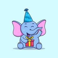 anniversaire mignon bébé éléphant avec dessin animé de boîte-cadeau vecteur