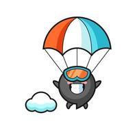 le dessin animé de mascotte de symbole de virgule saute en parachute avec un geste heureux vecteur