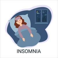 la fille souffre d'insomnie allongée dans son lit sur fond de chambre la nuit. illustration vectorielle de femme insomnia.flat cartoon style.