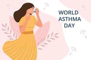 journée mondiale de l'asthme..la femme utilise un inhalateur d'asthme contre l'attaque. allergie, asthme bronchique. illustration vectorielle vecteur