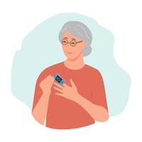 femme âgée utilisant un oxymètre de pouls sur le doigt.oxymètre de pouls avec une valeur normale. appareil numérique pour mesurer la saturation en oxygène. illustration vectorielle sur fond blanc