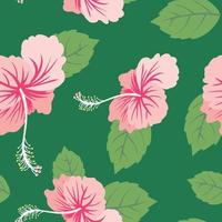 illustration vectorielle, fleur d'hibiscus rose sur fond vert, modèle sans couture vecteur