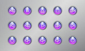 jeu de contrôle d'icône de bouton de lecteur multimédia couleur bleue et violette moderne réaliste 3d avec fond argenté vecteur