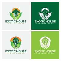 inspiration de modèle de conception de logo de maison de nature exotique avec des feuilles vertes et l'heure d'été vecteur