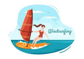 planche à voile d'été des activités de sports nautiques illustration de dessin animé avec chevauche les vagues précipitées en baril ou flottant sur une planche à pagaie dans un style plat vecteur