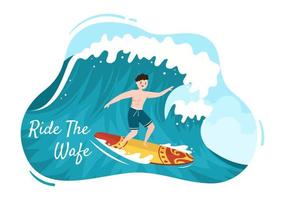 surf d'été des activités de sports nautiques illustration de dessin animé avec des vagues de l'océan sur des planches de surf ou flottant sur une planche à pagaie dans un style plat vecteur