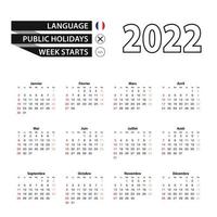 Calendrier 2022 en langue française, la semaine commence le dimanche.