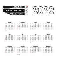 Calendrier 2022 en langue serbe, la semaine commence le dimanche. vecteur