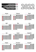 calendrier anglais 2022 avec des nombres en cercles, la semaine commence le dimanche. vecteur