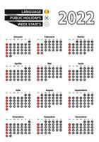 calendrier roumain 2022 avec des nombres en cercles, la semaine commence le dimanche. 2022 avec le drapeau de la roumanie. vecteur