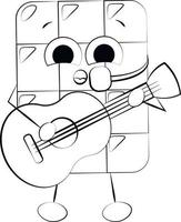 personnage de chocolat de dessin animé mignon avec guitare. dessiner une illustration en noir et blanc vecteur