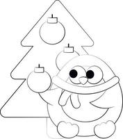 pingouin de dessin animé mignon et sapin de noël. dessiner une illustration en noir et blanc vecteur